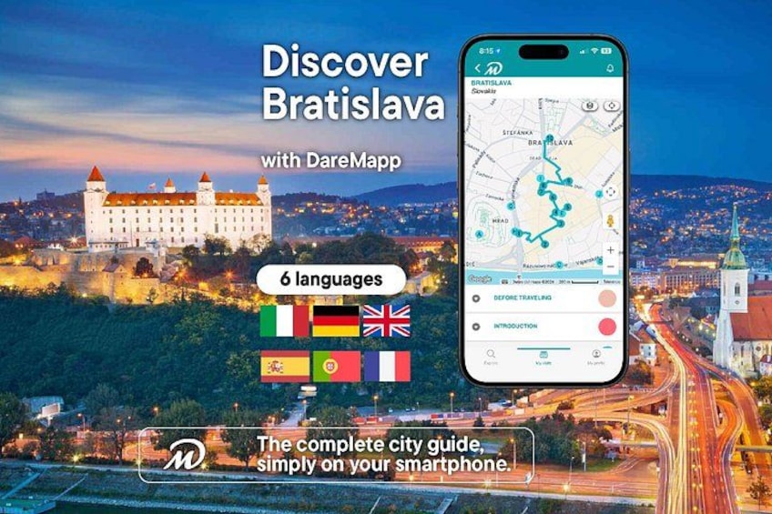 Ein Smartphone zeigt eine Karte von Bratislava, im Hintergrund ein Schloss und eine Stadtansicht. 1