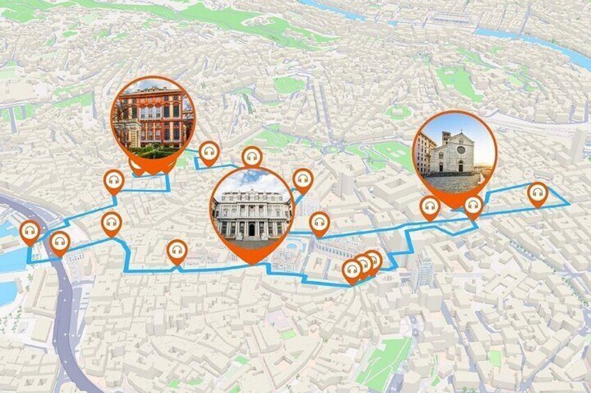 Een stadsplattegrond met gemarkeerde bezienswaardigheden en een blauwe route. 5