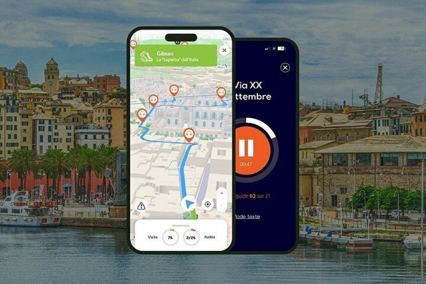 Ein Smartphone zeigt eine Karte mit einer Route, einen Musikplayer und eine Ansicht einer Stadtlandschaft mit Gebäuden und einer Uferpromenade. 1
