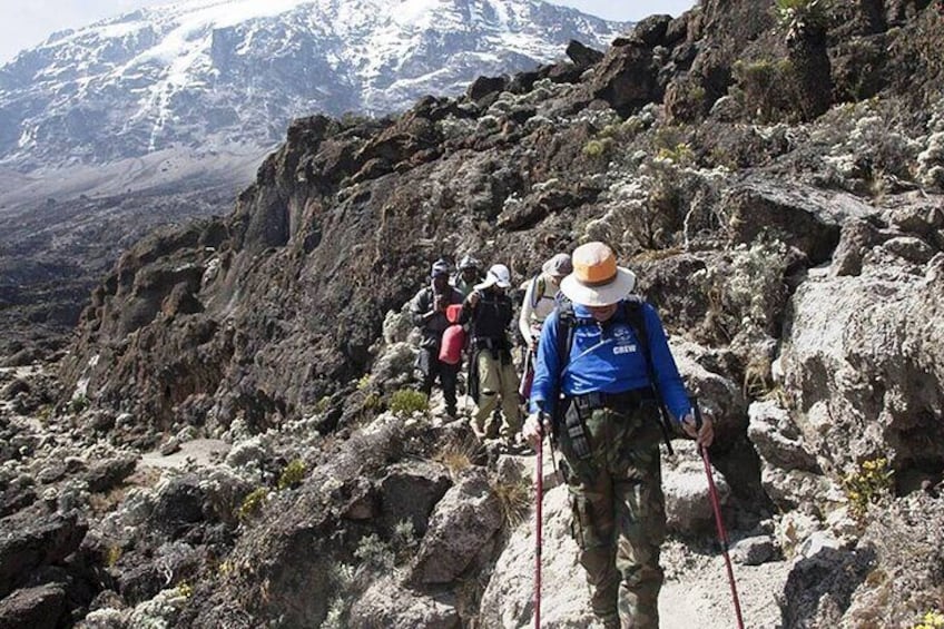 A group of hikers ascending a rocky mountain trail with snow-capped peaks in the background. 3