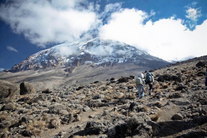 A mountainous landscape with hikers on a rocky trail and a snow-capped peak in the background. 1