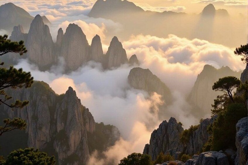A mountainous landscape with sharp peaks and a sea of clouds below. 5