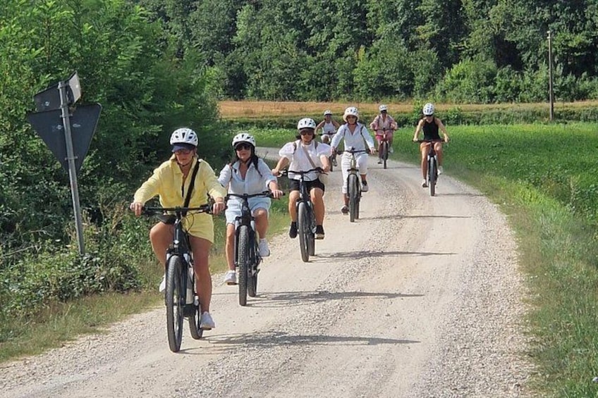 A group of cyclists on a gravel road surrounded by greenery. 1