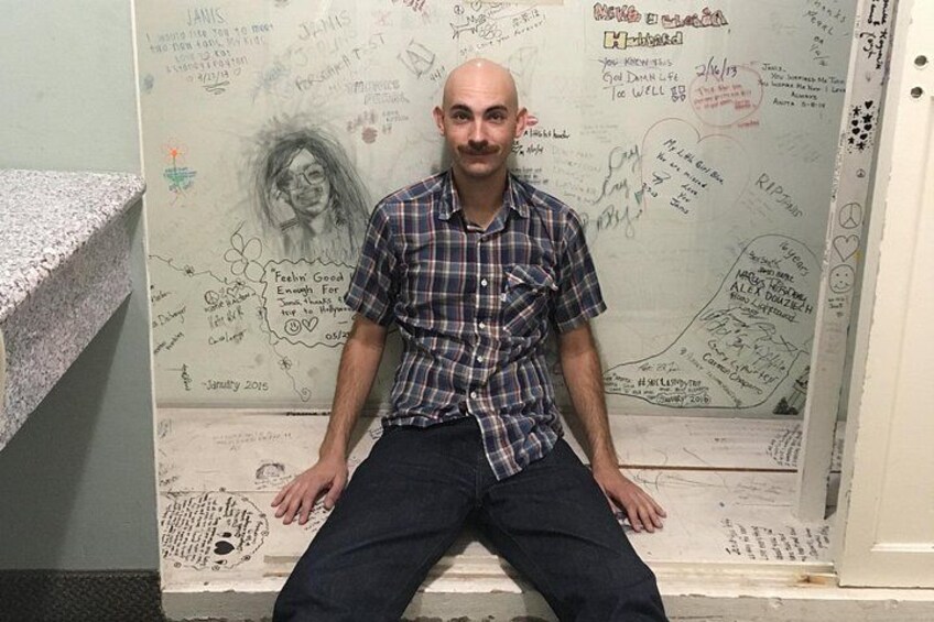 Tour guide Adam Papagan visiting the room where Janis Joplin passed away 2