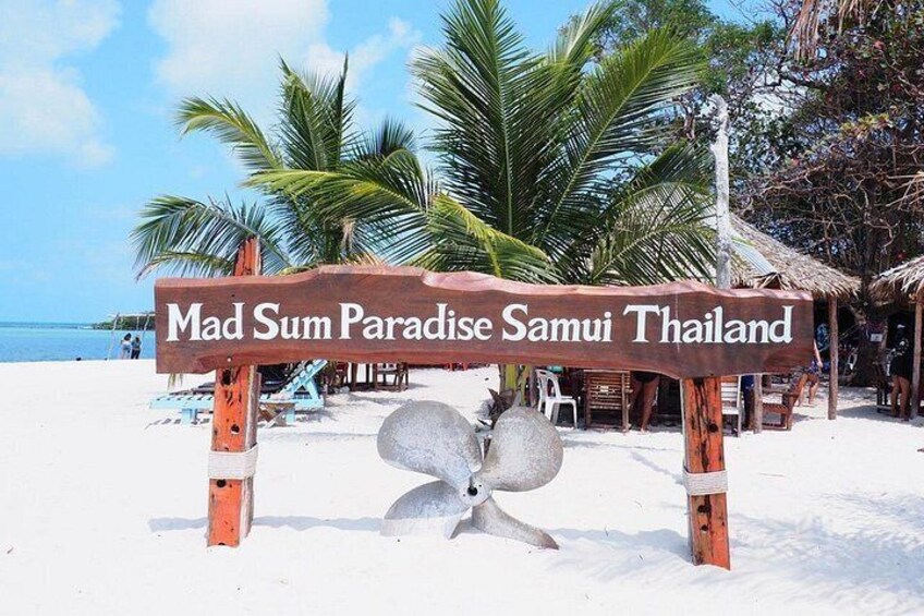 A beach sign with palm trees and beach chairs in the background. 3