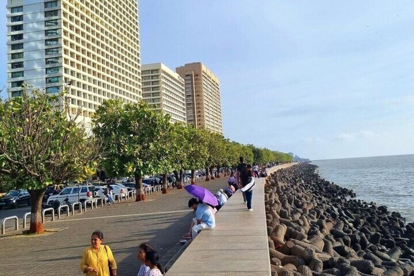 A waterfront promenade with people walking, trees lining the path, and a rocky breakwater. 2