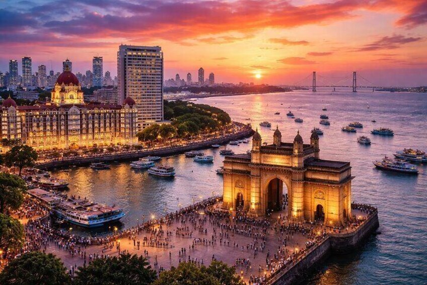 A river with boats, a large illuminated building, and a bridge in the background. 5