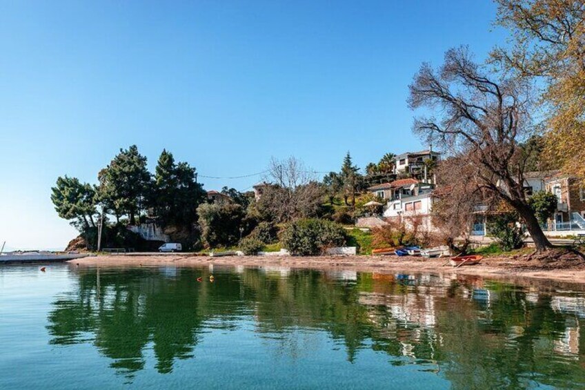 A calm lake with reflections of trees and buildings, surrounded by a mix of residential houses and greenery. 5
