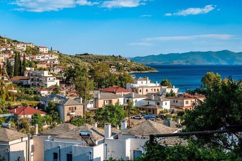 A coastal town with buildings, trees, and a view of the sea and mountains. 3