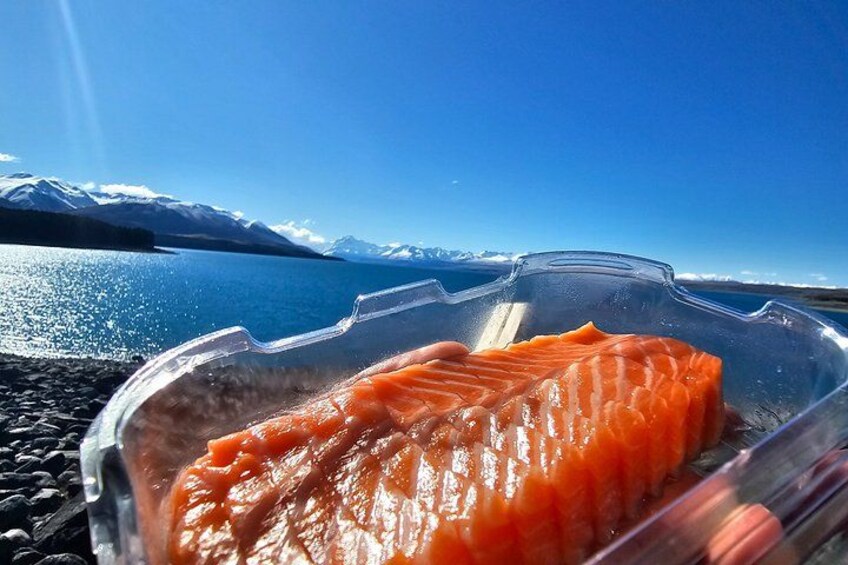 Un salmón en un recipiente de plástico transparente, con un lago y montañas en el fondo. 4