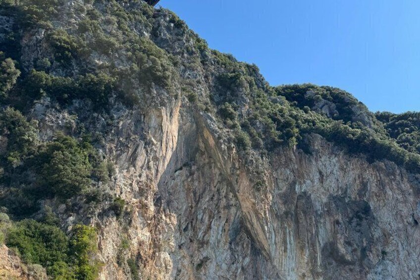 A rugged cliff with dense vegetation and a clear sky. 5