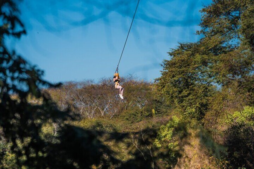 A person zip-lining through a forested area. 2