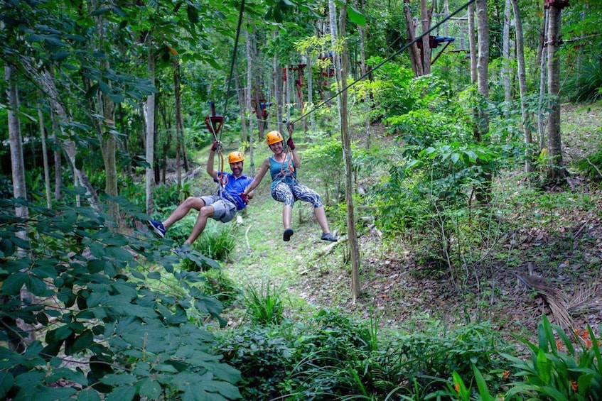 Two people on a zip line in a forest. 1