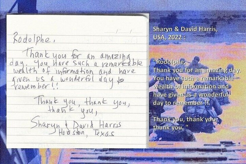 A handwritten thank you note from Sharyn & David Harris, USA, 2022, to Rodelphe, Houston, Texas. 3