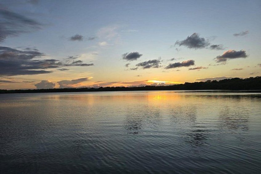 Un lac paisible au coucher du soleil, avec un ciel dégagé et la silhouette d’arbres à l’horizon. 4