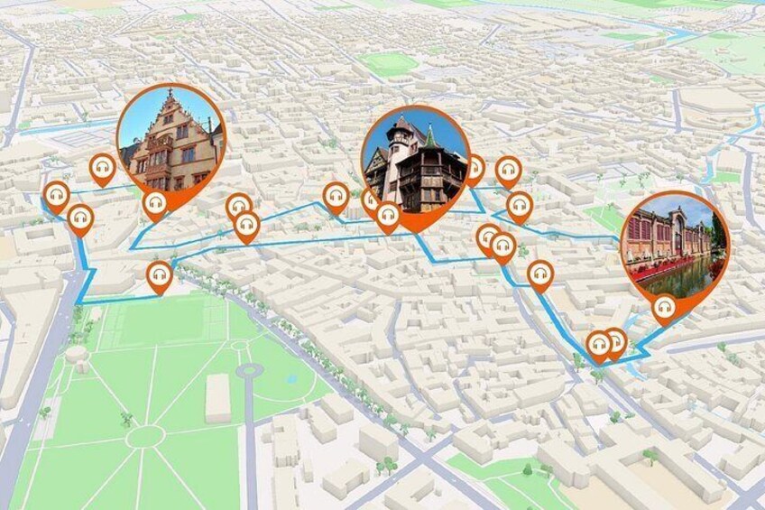 A city map with highlighted landmarks and connecting routes. 5