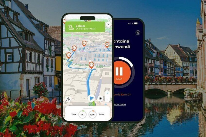 A smartphone displaying a map with a route marked by orange pins, a play button, and a guide number. 1