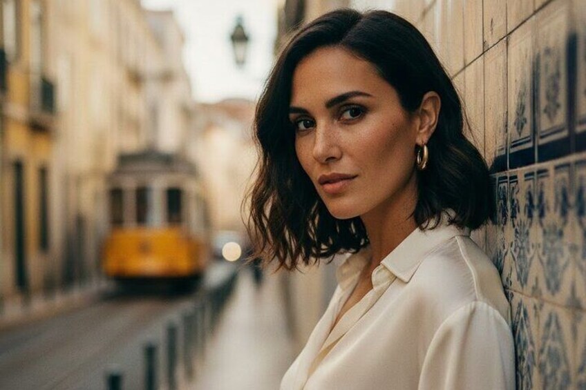 A woman standing on a tiled street with a tram in the background. 1