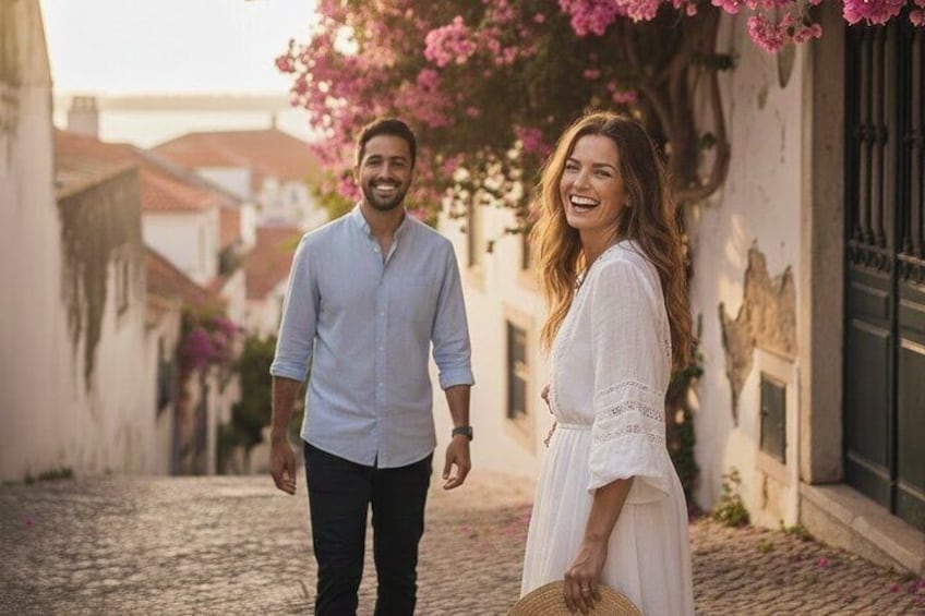 A couple walking down a cobblestone street with buildings and pink flowering trees. 5
