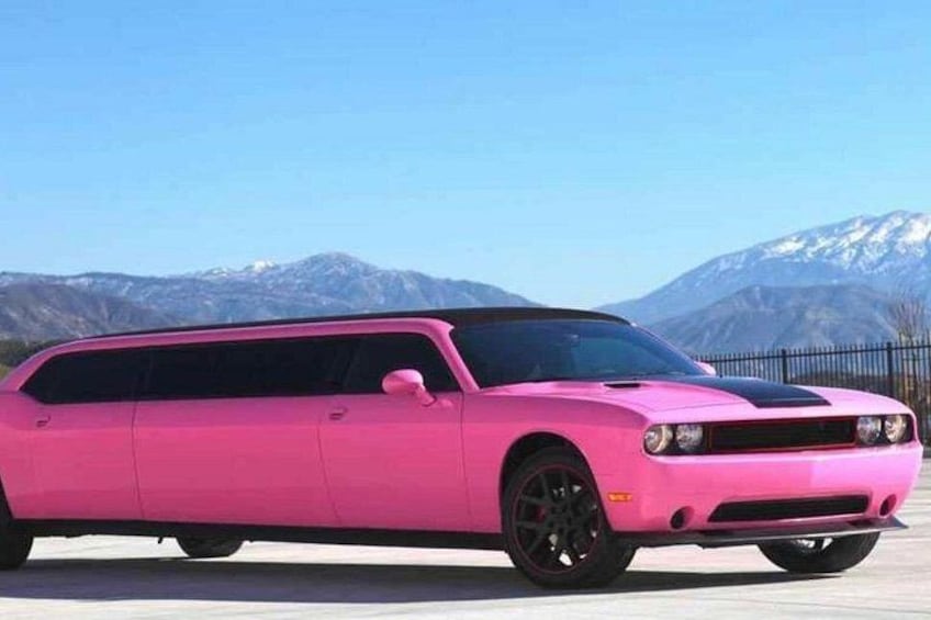 Ein pinkfarbener Dodge Ram Van steht auf ebenem Untergrund, im Hintergrund sind Berge zu sehen. 1