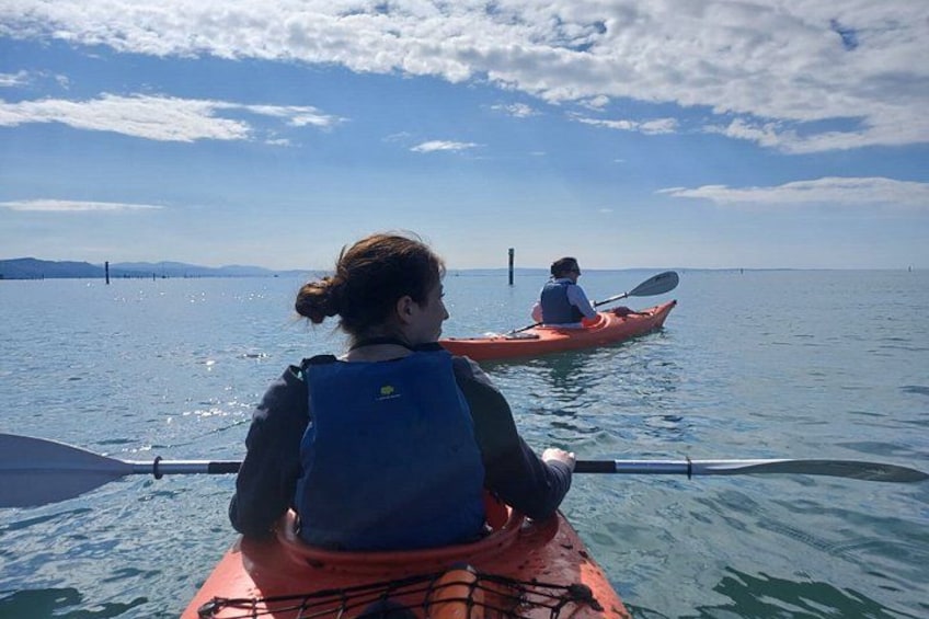 Two people kayaking on a calm body of water with a clear sky and distant landforms. 2