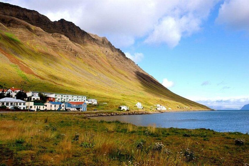 A coastal village with houses by the sea, a mountain in the background, and a clear sky. 3