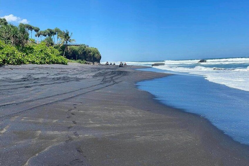 Una playa con arena oscura, olas y vegetación. 4