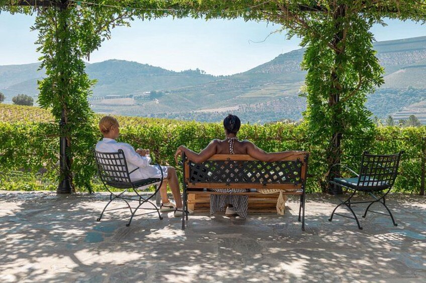 Zwei Personen sitzen auf einer Bank unter einer Pergola, mit einem Weinberg und Hügeln im Hintergrund. 3