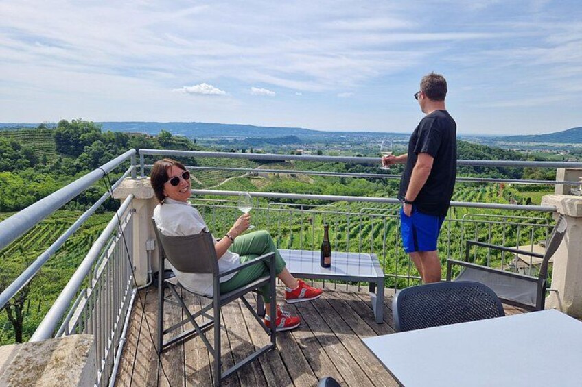 A terrace with a view of vineyards, a table with a bottle, and a person standing. 5