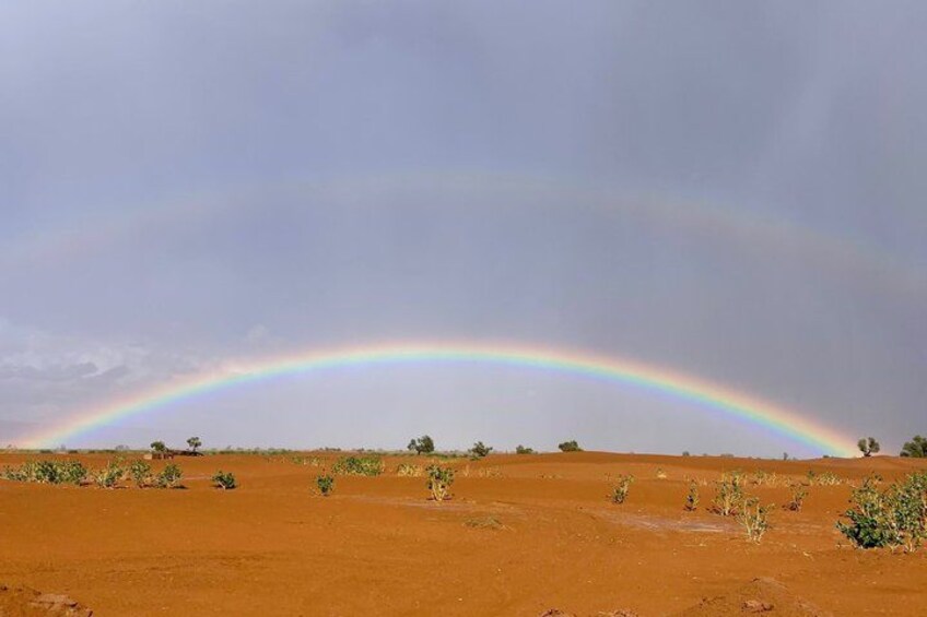 A desert landscape with a rainbow arching across the sky. 4