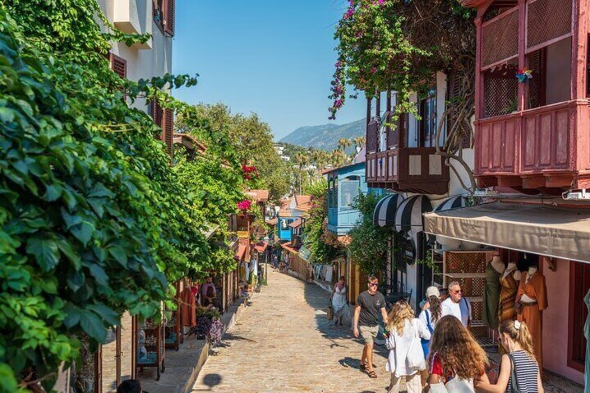 Une rue étroite bordée de bâtiments aux couleurs vives et d’une végétation luxuriante. 3