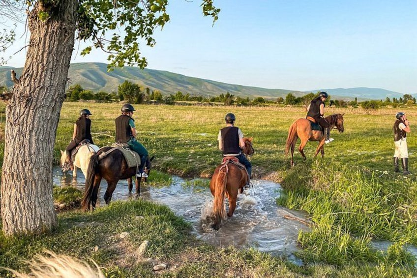 Persone a cavallo che attraversano un prato erboso, con un albero e montagne sullo sfondo. 1