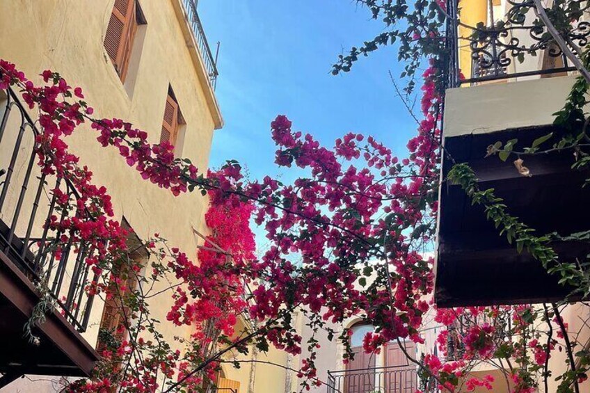 En byggnad med rosa bougainvillea som klättrar längs fasaden, en klarblå himmel och ett balkongräcke. 2