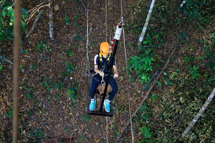 A person zip-lining through a forest. 3