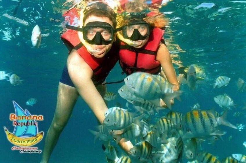 Dos personas haciendo snorkel con un banco de peces. 4