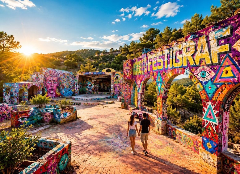 A colorful outdoor art installation with a prominent 'FESTIGRAF' sign. 3