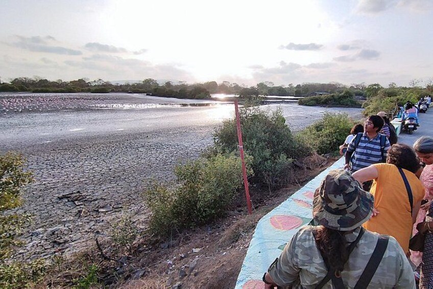 A riverbank with people walking along a path, a sunset in the background, and a bridge in the distance. 5