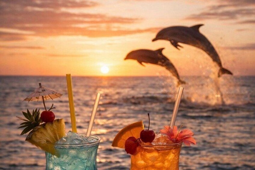 Twee drankjes met rietjes en fruitdecoraties, een zonsondergang en dolfijnen die uit het water springen. 1