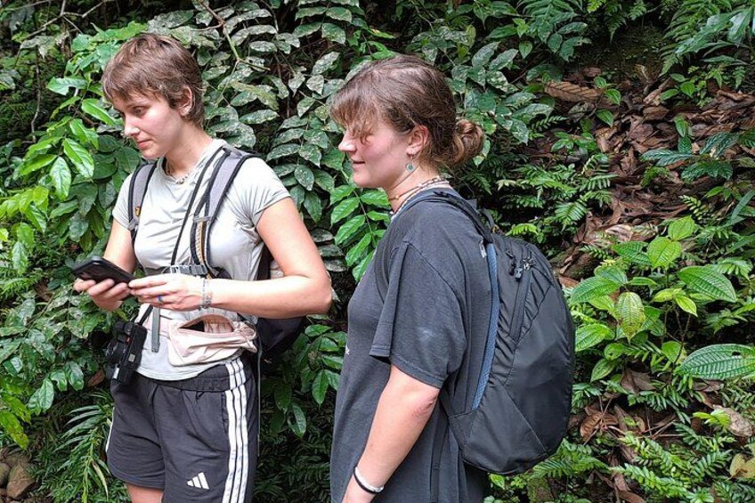 Two people standing in a lush green area with dense foliage. 4