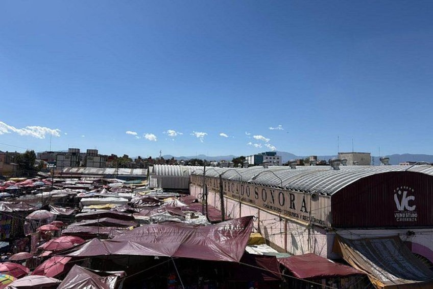 Un mercado con numerosos puestos y un gran edificio con la leyenda 'Lecado Sonora'. 3