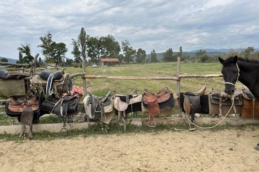 Een paard aan een hek vastgebonden, met zadel en uitrusting eroverhangend. 2