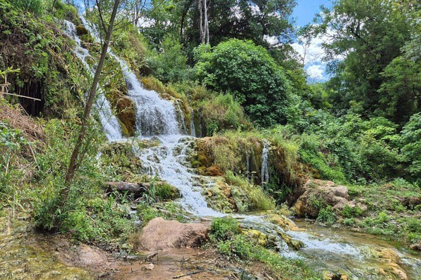 Une cascade située dans une zone boisée, avec des rochers et de la végétation. 1