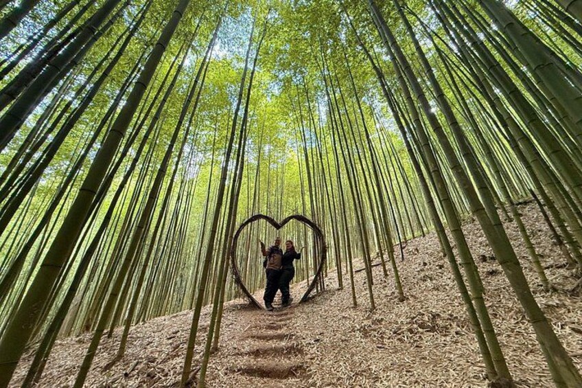 Une personne se tient dans une forêt de bambous, devant une structure en forme de cœur. 3