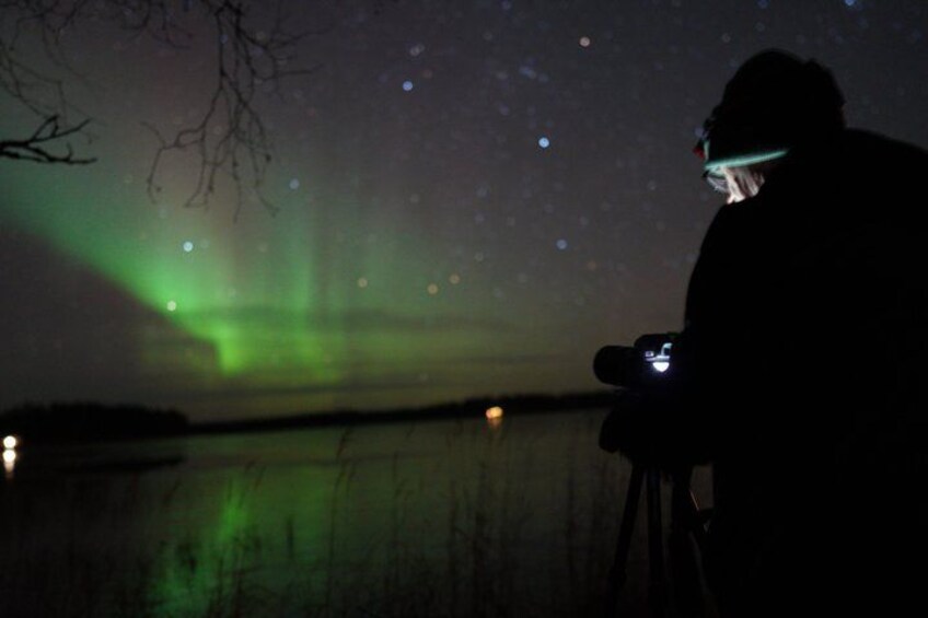 A person with a camera, trees, and the Northern Lights. 4