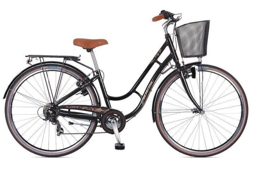 Una bicicleta estática con canasta, asiento marrón y sistema de transmisión por cadena. 3