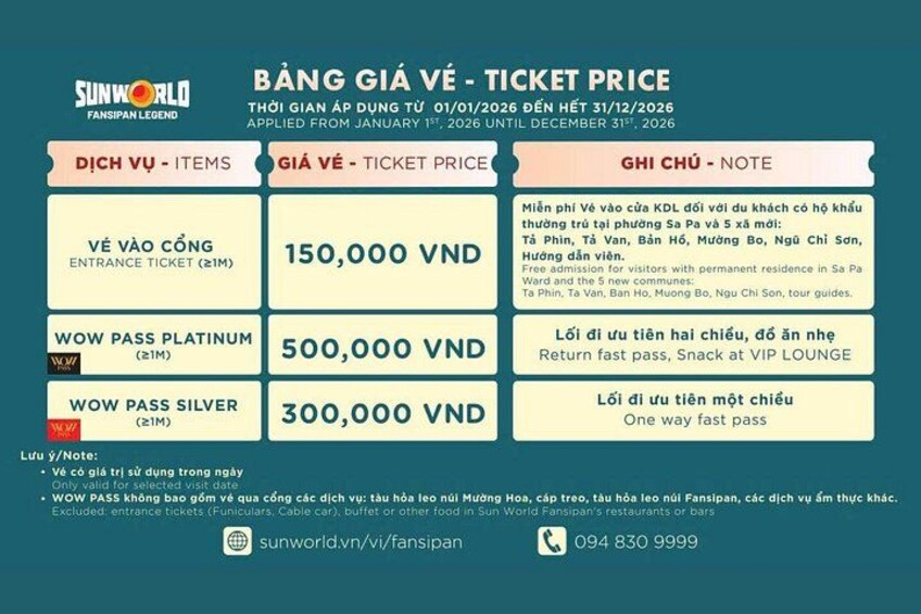 A ticket price table for SunWorld Fansipan. 2