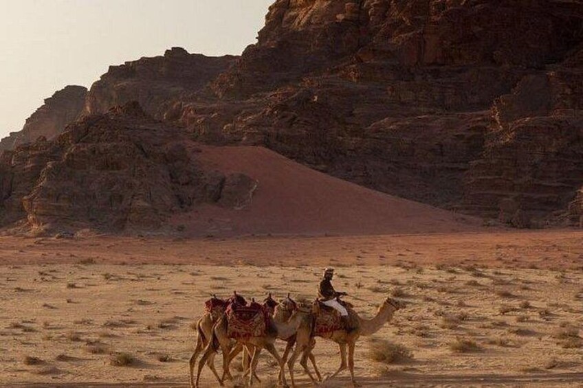 Paisaje desértico con acantilados rocosos y una caravana de camellos. 4