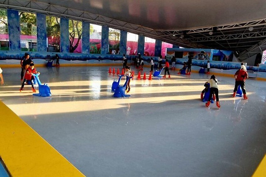 Una pista de hielo cubierta con gente patinando y conos dispuestos para practicar. 5