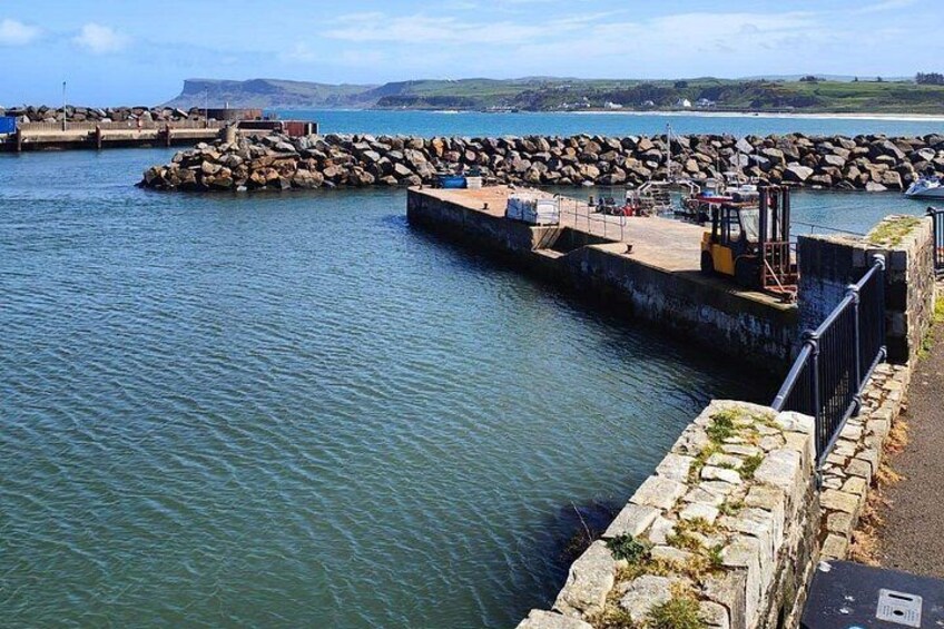 A harbor with a breakwater, calm water, and a distant coastline. 2
