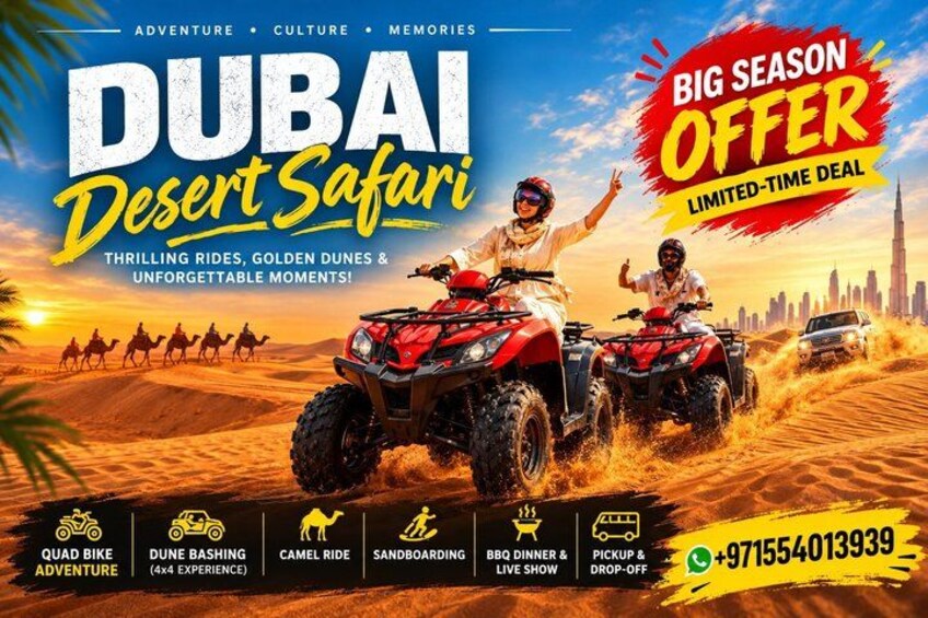 Eine Wüstensafari in Dubai mit Aktivitäten wie Quad-Abenteuer, Dünenfahrt, Kamelritt, Sandboarding, Barbecue-Abendessen und Abholung sowie Rücktransport. 1